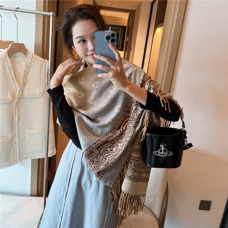 New Retro Ethnic Style Scarf Women's Winter Foreign Trade Versatile Double-Sided Thick Warm Scarf Dual-Purpose Air Conditioning Shawl