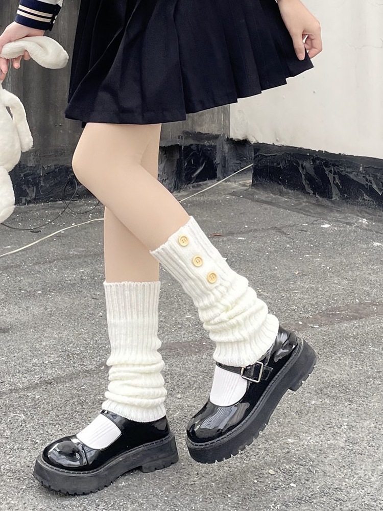 Japanese College Style Vintage Button Leg Warmer Women's Winter Wool Knitted Leg Warmers White Loose Stockings JK Hot Girl Socks