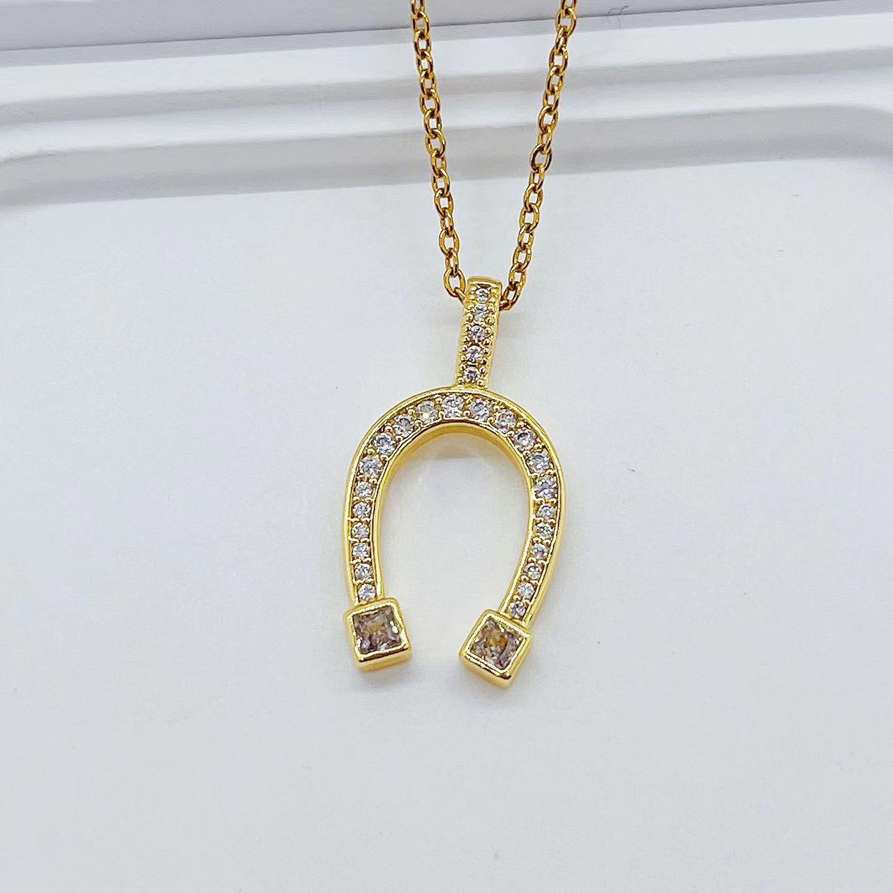 Cross-Border Copper Zircon Pendant Brass Micro-Inlaid Color Zircon Horseshoe Necklace Female Special-Interest Design Letter U-Shaped