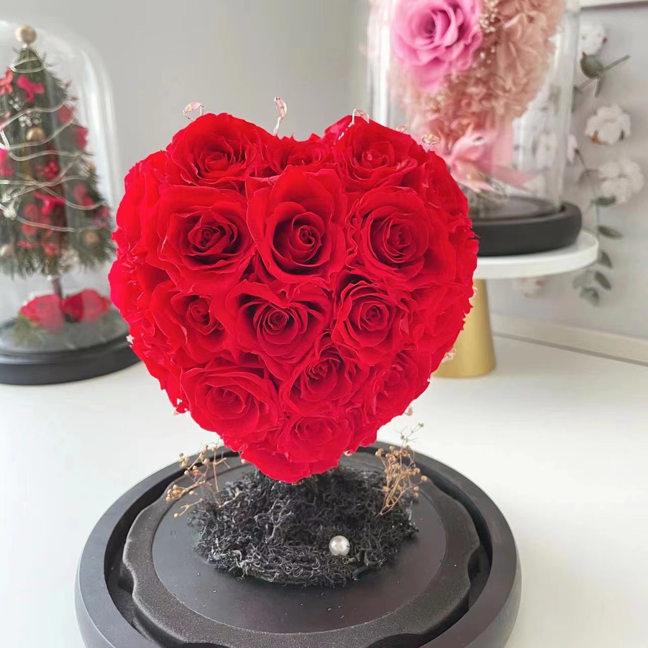 永生花爱心礼物盒玫瑰摆件玻璃罩送女友闺蜜 情人节 生日礼物
