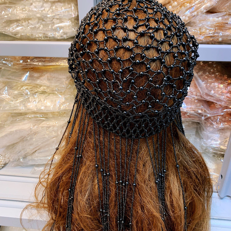 新款新娘珍珠米珠流苏帽子纯手串珠超仙韩式结婚造型写真影楼头饰