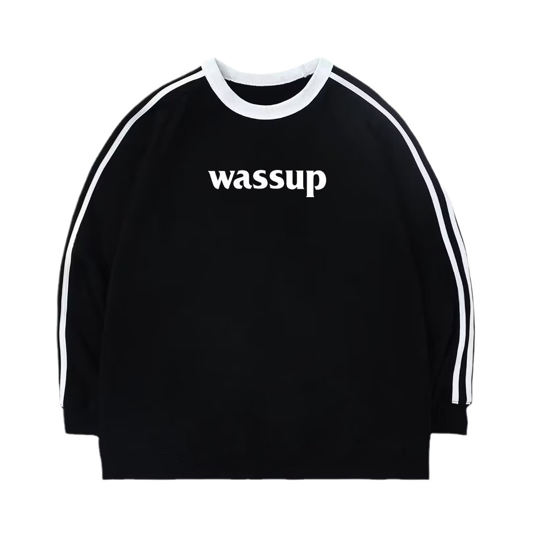 wassup heods国潮牌三条杠圆领卫衣男装秋冬重磅纯棉宽松条纹上衣