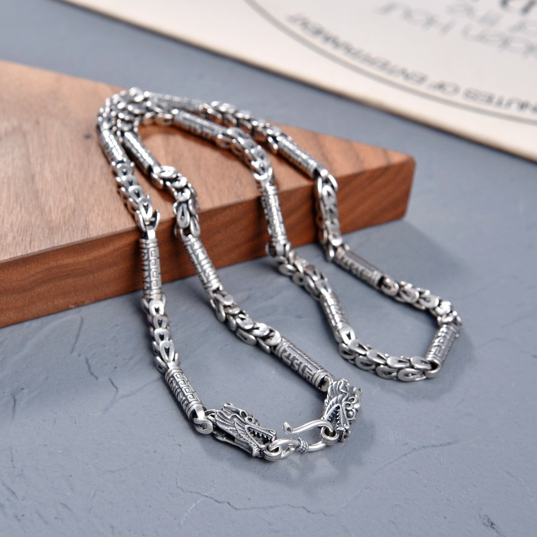 s925银复古做旧名族风回纹筒珠个性龙鳞拼接手链潮流