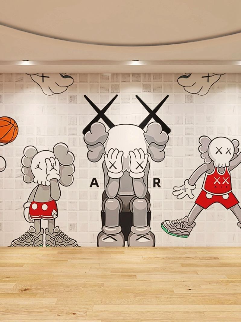 时尚芝麻街墙纸潮牌网红服装店墙布儿童房壁纸男孩卧室电视背景墙