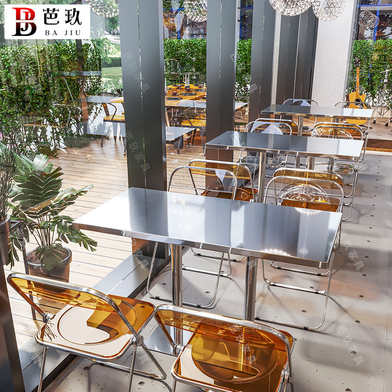 ins网红奶茶店桌椅组合不锈钢餐饮店糖水甜品小吃店咖啡厅折叠椅