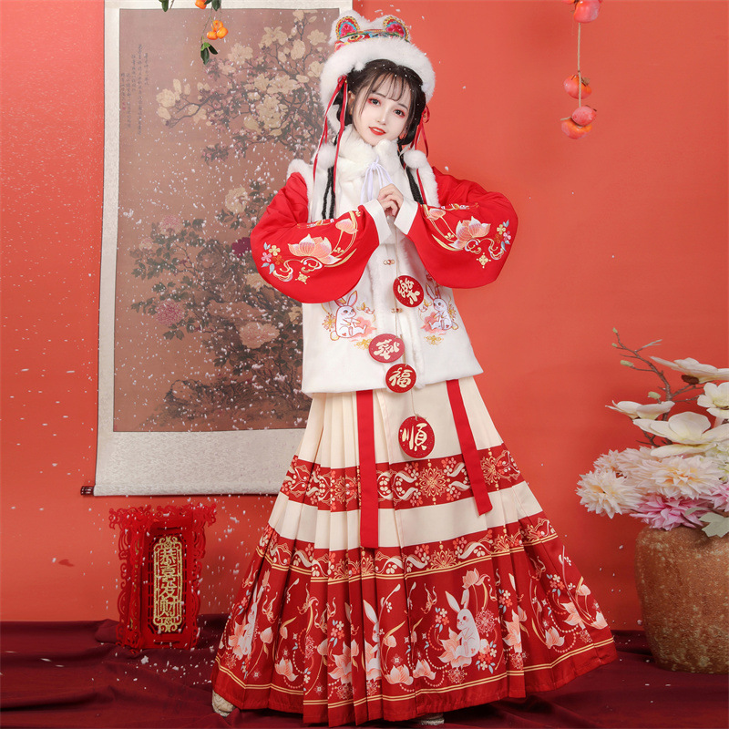 Ming Women's Han Chinese Clothing New Horse-Face Skirt Autumn and Winter Daily Ancient Costume Han Elements Super Fairy National Style Rabbit New Year Clothes Sets