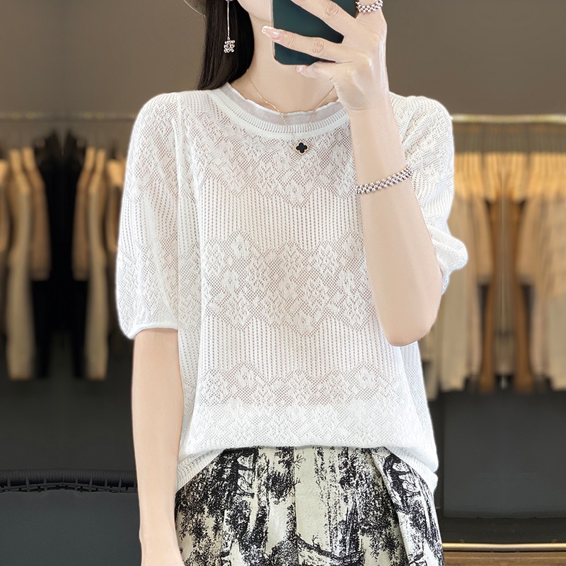 短袖t恤女2024新款女装夏季漂亮蕾丝镂空薄款冰丝针织衫上衣-阿里巴巴