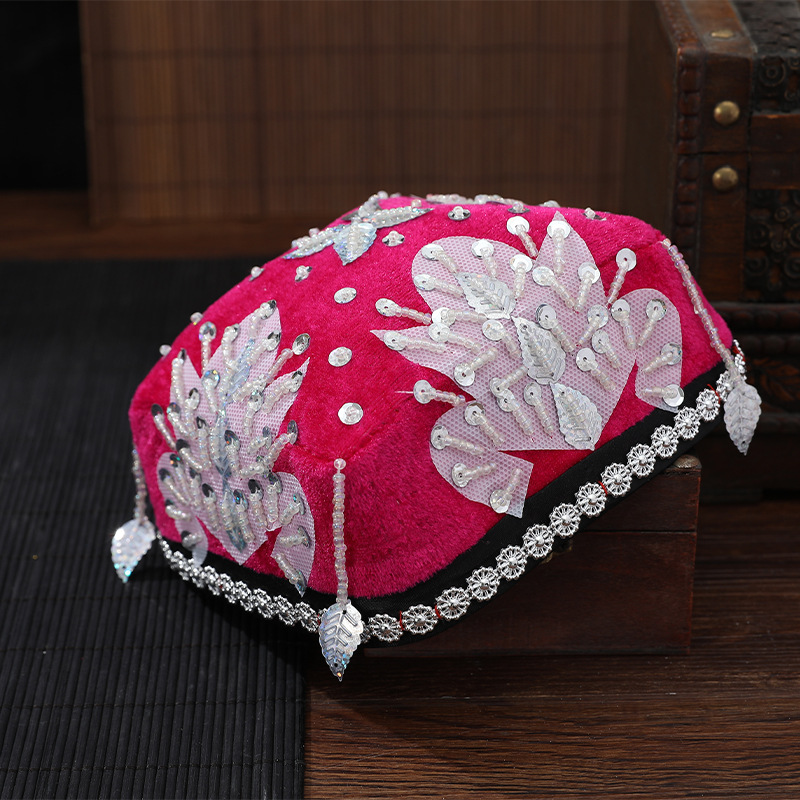 新疆舞蹈帽子女四角帽维吾尔族演出花帽辫子民族舞艺考广场舞头饰