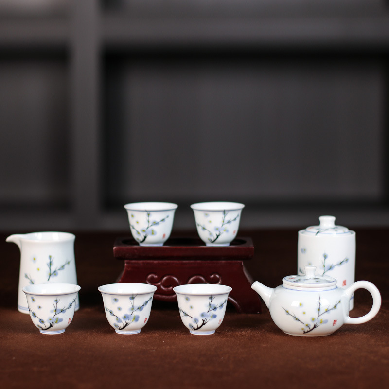 Jingdezhen Pure Hand Drawing Plum Blossom Shadow Blue Procelain Tea Set Suit Teapot Cover Teacup Kung Fu Tea Set High-End Gift Box