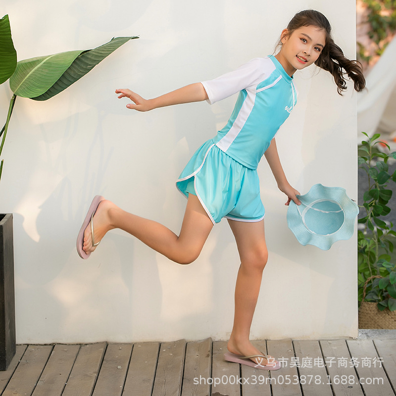 2021韩版新款泳装分体大童少女平角连体运动款女孩沙滩训练游泳衣