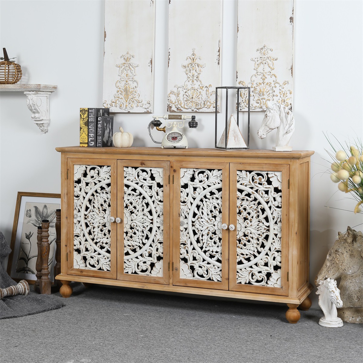 美式乡村实木餐边柜田园风镂空设计民宿装饰储物柜靠墙玄关柜子