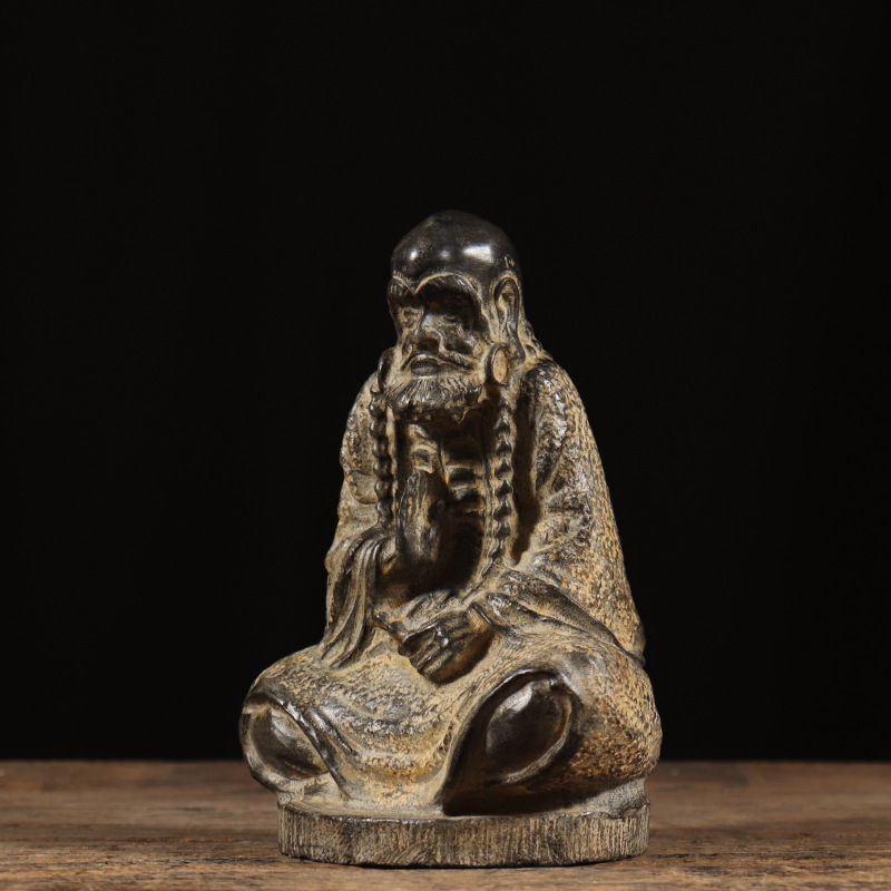 仿古石雕青石古法制作抽象达摩祖师人物坐像复古空间陈设中式摆件