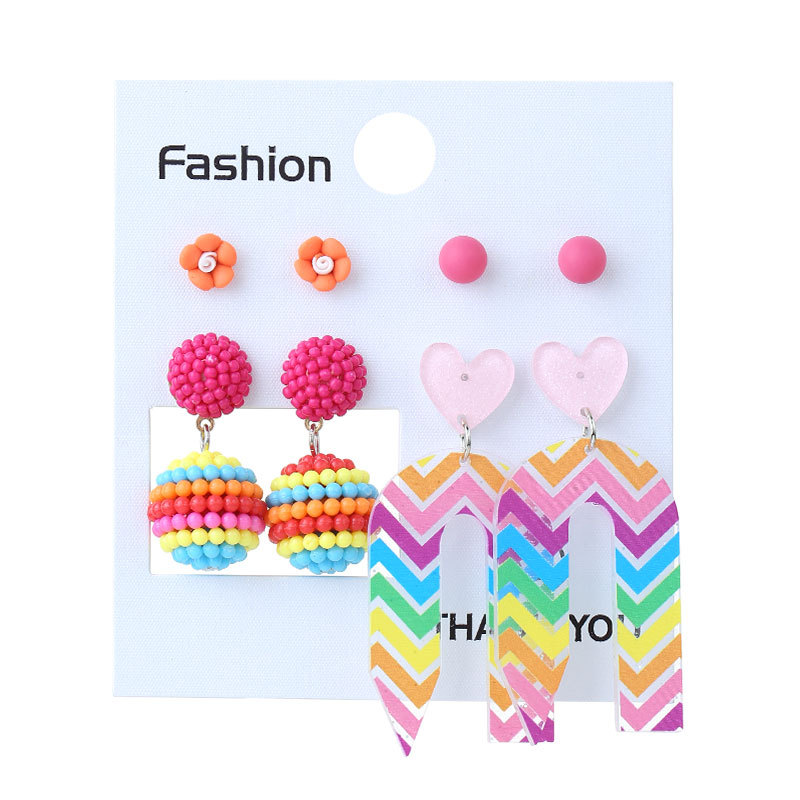 European and American New Acrylic Printed Earrings Rainbow Pencil Stripes Love Heart Earrings Suit 4 Pairs Earrings Wholesale