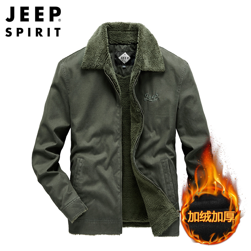 jeep spirit新款男士加绒棉服翻领多袋棉质透气大码加厚棉衣外套