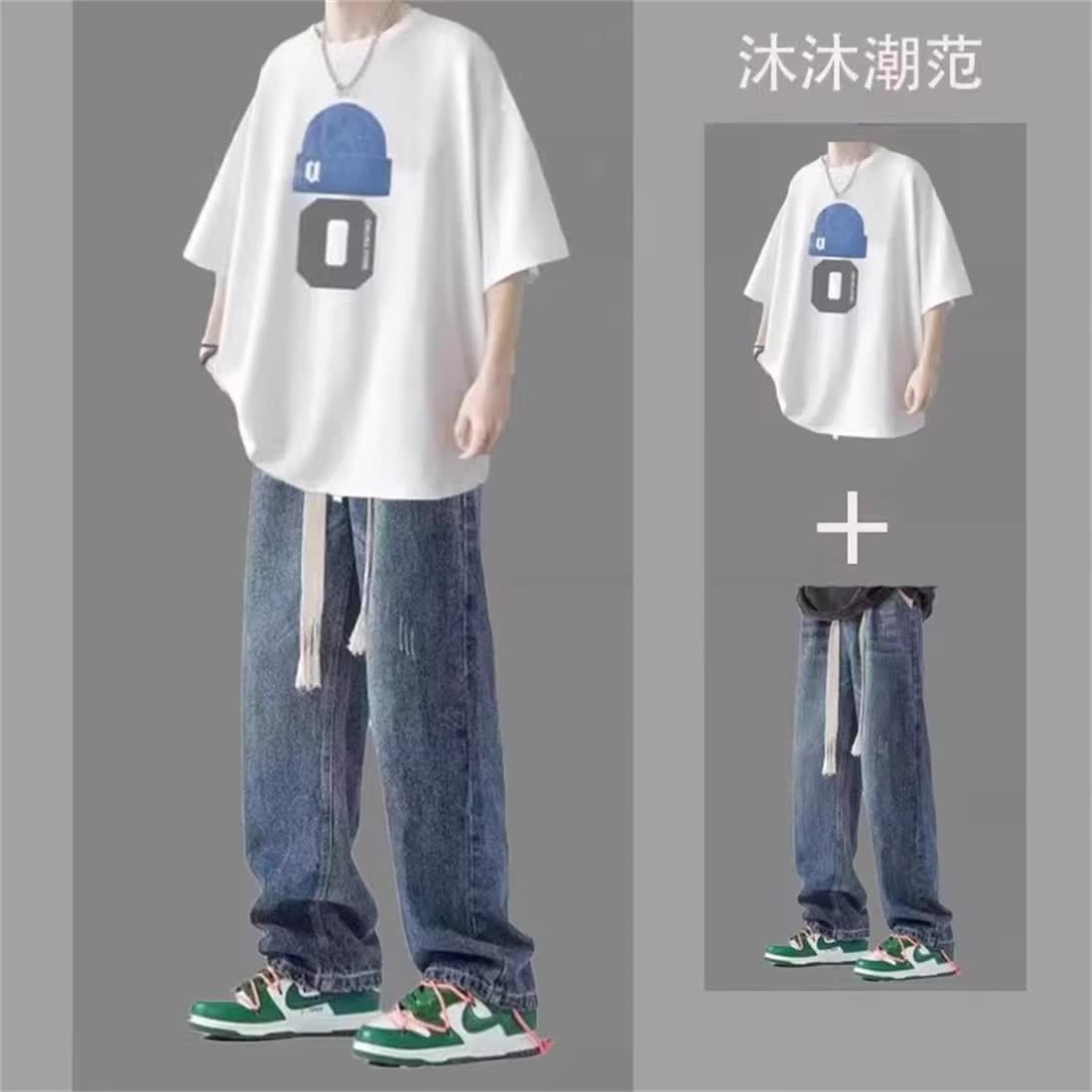 夏季牛仔衬衫套装男短袖港风休闲潮流五分袖外套痞帅男装一套搭配