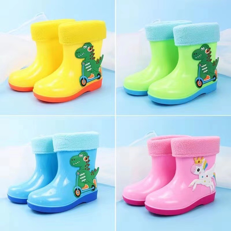 Children's Rain Boots Baby Rain Boots New Cute Cartoon Children Cotton-Padded Warm-Keeping Rain Shoes Non-Slip Dinosaur Boys and Girls Shoes