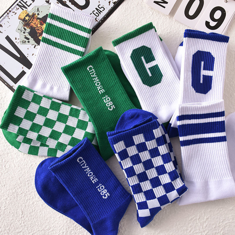 Korean Style Student Popular Spring and Autumn Ins Blue Letter C Tube Socks Chessboard Grid Long Socks Sports Green Free Shipping Socks