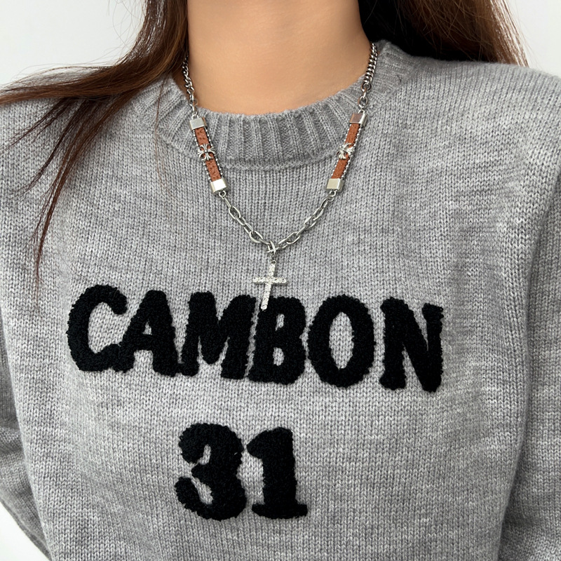 street hip-hop special-interest design cruciate flower leather stitching necklace men‘s all-match clavicle chain women‘s high-grade sweater chain