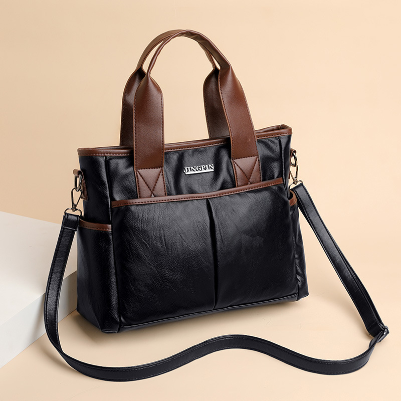 软皮质感邮差包女2024新款欧美复古撞色肩斜挎包气质出行妈妈包