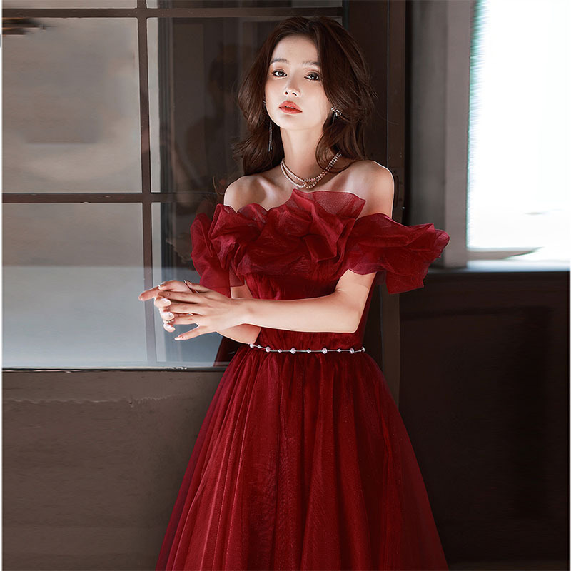 一字肩敬酒服新娘女小个子订婚连衣裙回门迎宾平时可穿结婚晚礼服