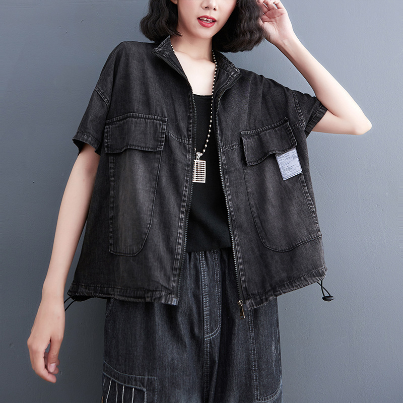 韩版夏季休闲大码女装个性口袋薄牛仔洗水外套开衫短袖复古上衣潮