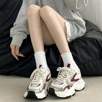 严选红色巴黎显脚小厚底老爹鞋女款2024新款夏季轻便增高运动鞋子