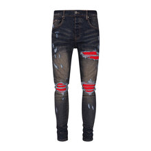 欧美高街时尚男士牛仔裤做旧蓝黑破洞红色贴布弹力紧身小脚裤男潮