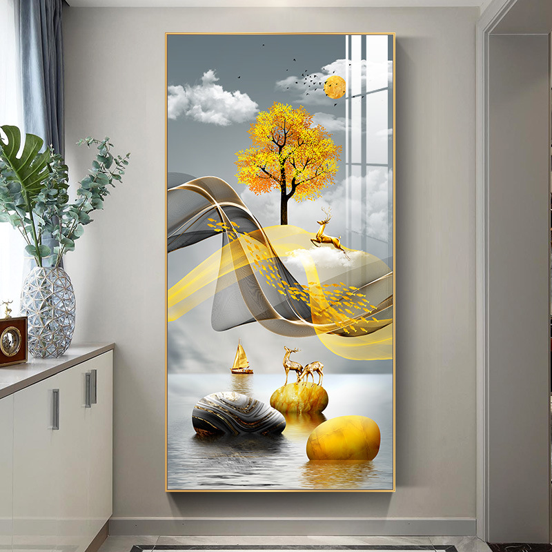 金鹿送福进门玄关画竖版玄幻现代简约走廊装饰画大气过道晶瓷画