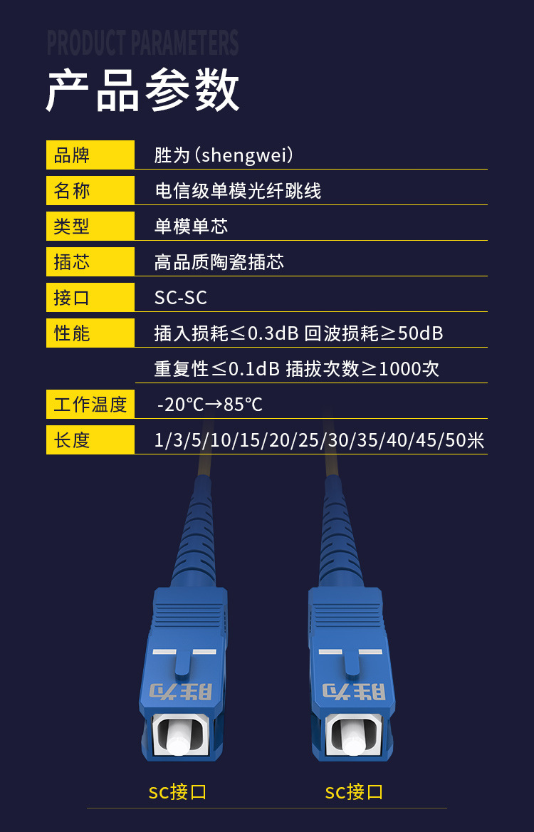 胜为电信级低烟无卤sc-sc单模单芯9/125监控尾纤光纤跳线 fsc-101