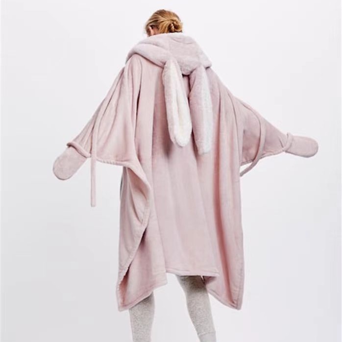 跨境绒毯可穿戴毯卡通兔子耳朵午睡毯披肩毯羊羔绒毯连帽斗篷披风