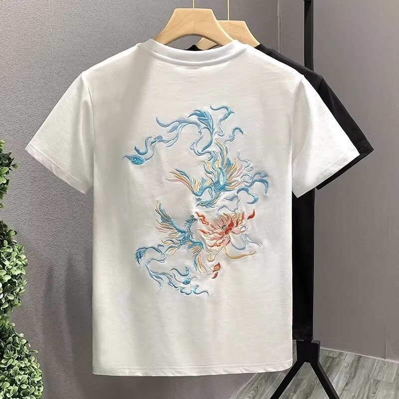 国潮中国风衣服纯棉刺绣t恤男夏季宽松休闲短袖凤凰图案潮牌半袖