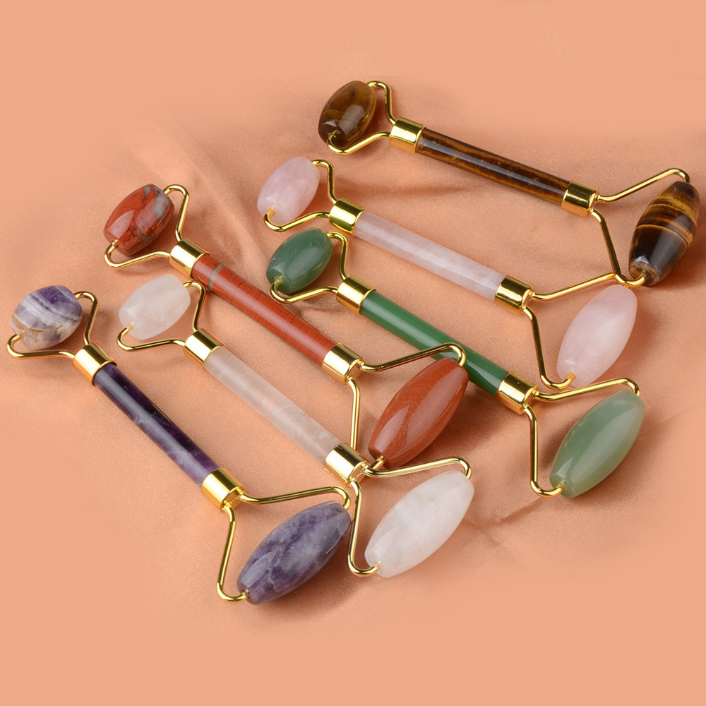 玉石滚轮紫晶虎眼石滚轮刮痧水晶板按摩器 面辊刮痧工具跨境热卖