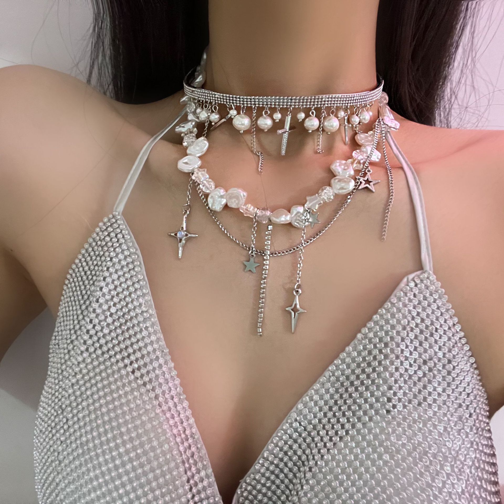the Structure Is Super Beautiful! Eight-Pointed Stars Falling Design Handmade Beaded Baroque Pearl Winding Necklace Necklace Women's Light Luxury Small