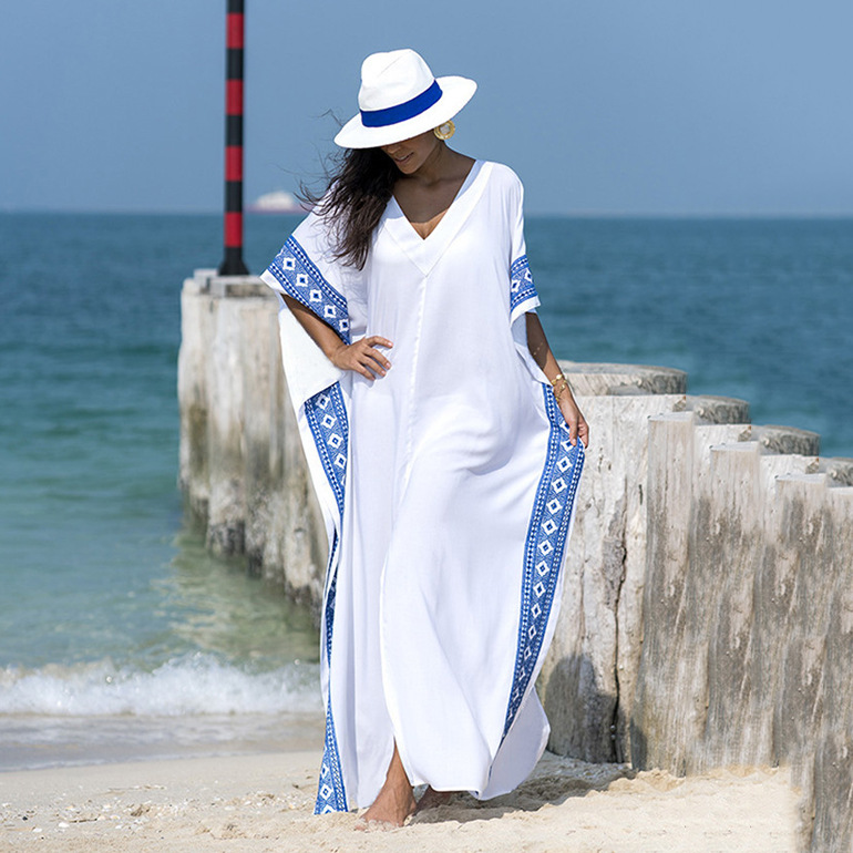 Cross-Border European and American Imitation Rayon Embroidered Loose Turkish Robe Beach Dress Vacation Skirt Bikini Swimsuit Blouse