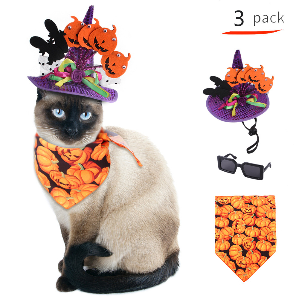 Summary Pet Halloween Suit Cat Funny Hat Triangular Binder Pumpkin Dog Funny Headdress Set