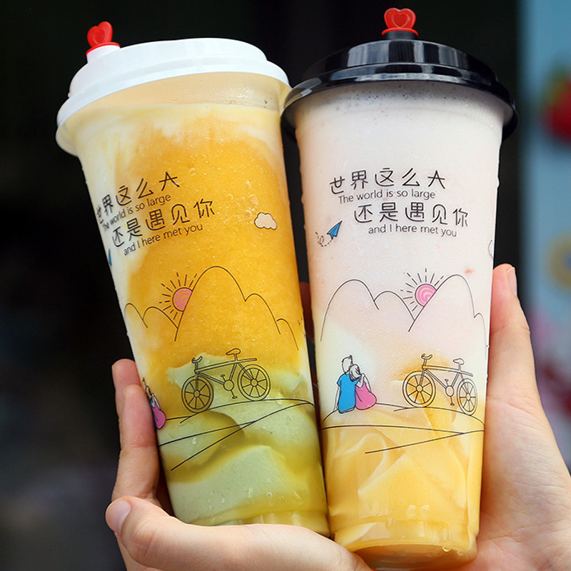 90口径 一次性奶茶塑料杯500/700ml带盖网红果汁饮料打包杯子