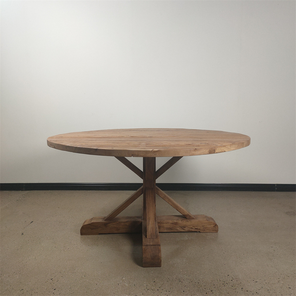 美式餐桌实木老榆木圆桌原木色简约米字腿风化木跨界旧木家具