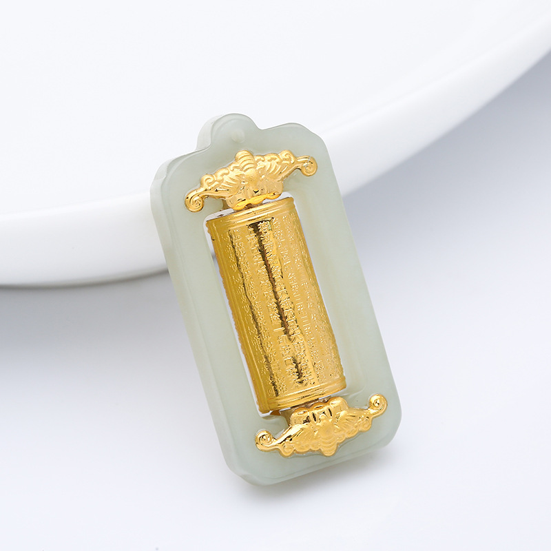 时来运转白玉墨玉吊坠挂饰 足金转运筒金镶玉 直播带货男女款批发