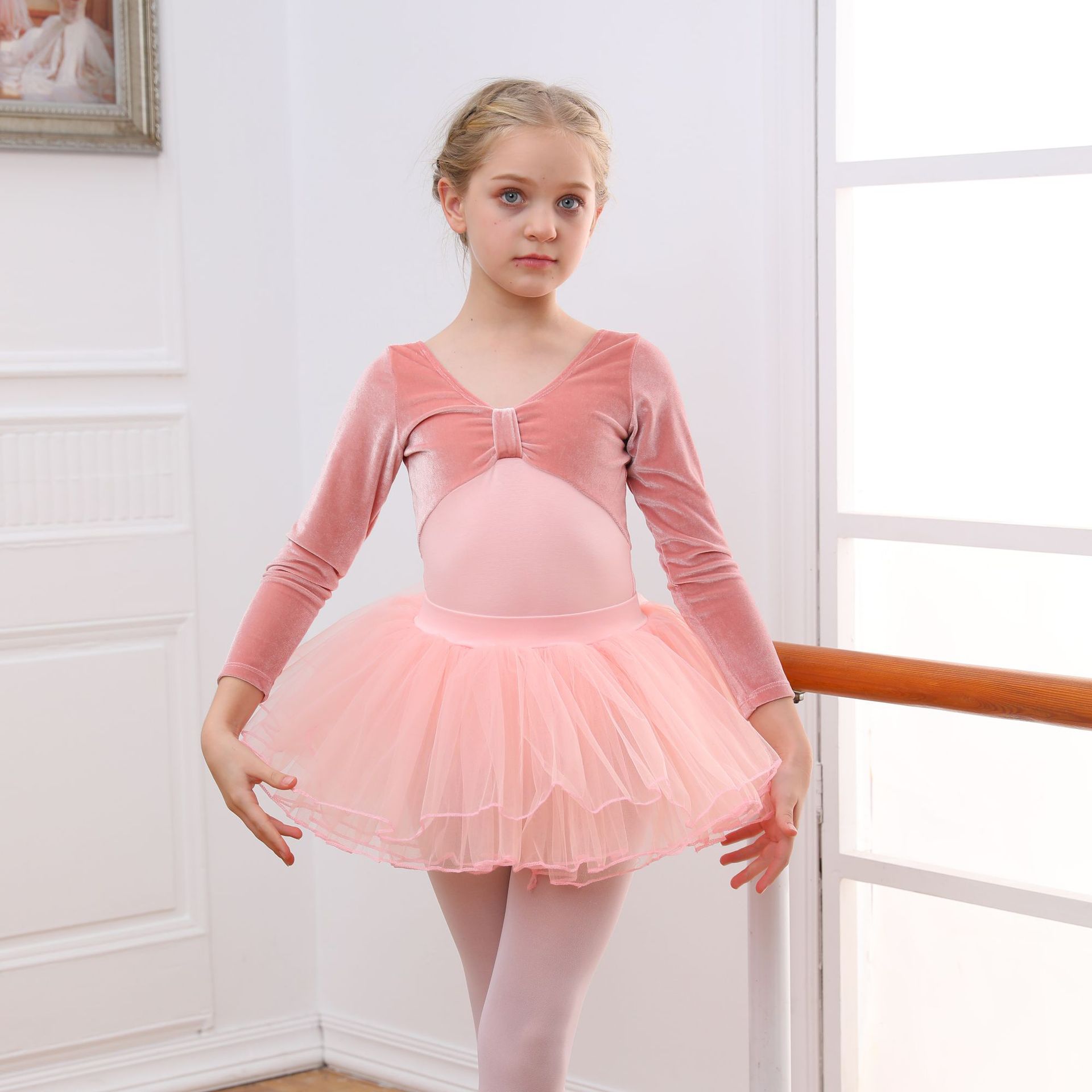 儿童舞蹈服女童金丝绒考级练功服短袖幼儿芭蕾舞裙长袖考级形体服