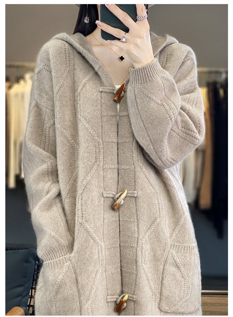 重磅加厚100净针织连帽开衫秋冬新女宽松中长款羊绒大衣外套-阿里巴巴