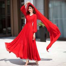 女装雪纺连衣裙2023新款大红色超长款沙滩裙海边度假长袖大摆长裙