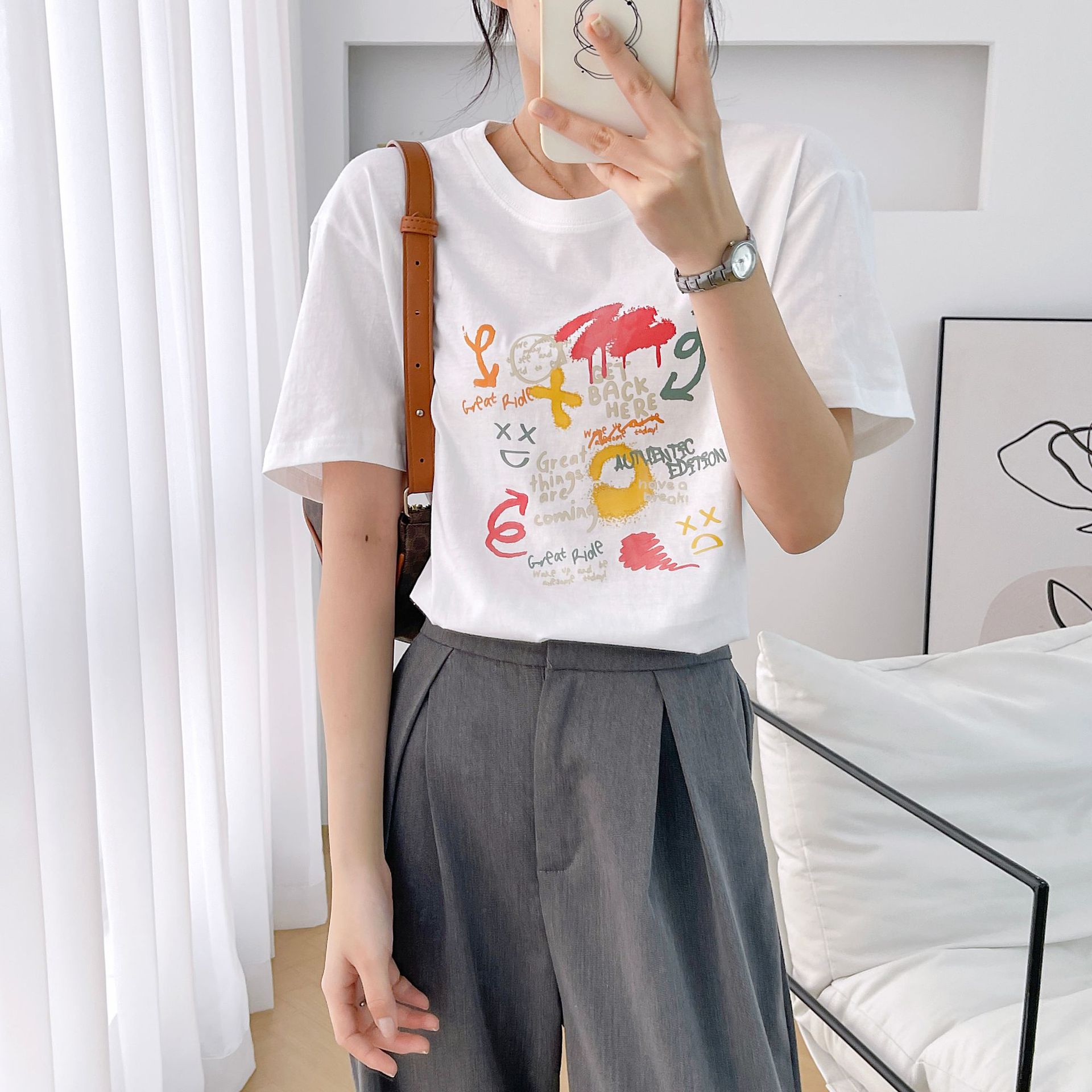 Fashion Brand Cotton Short-Sleeved T-shirt Women's Summer round Neck Half-Sleeved Loose White Shirt Foreign Trade Women's Clothing Printed T-shirt Clothes Women Clothes