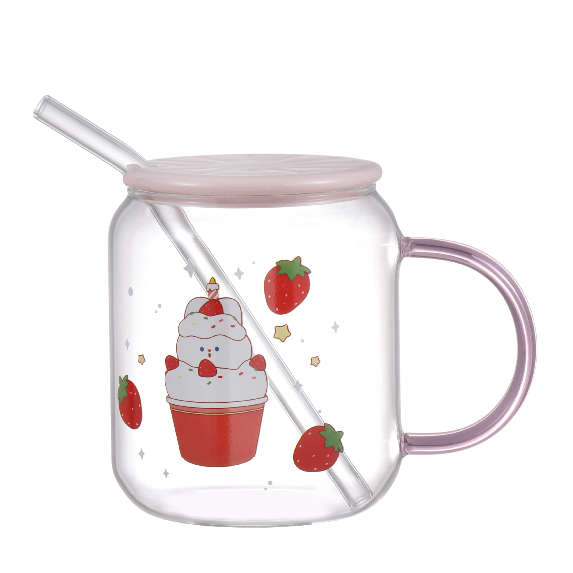 Strawberry Rabbit Cartoon Glass Cup Borosilicate Drinking Cup Straw Cup Milk Children Breakfast Cup Printed Logo