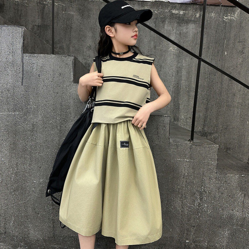 女童夏季无袖t恤儿童衣服童装7条纹8大童9女孩13学生12时髦10岁11