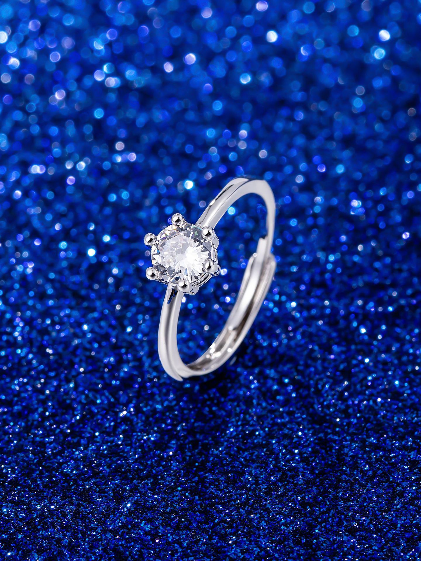 直播货源光面六爪白金钻戒 韩版简约戒指 时尚活口锆石女戒 批发