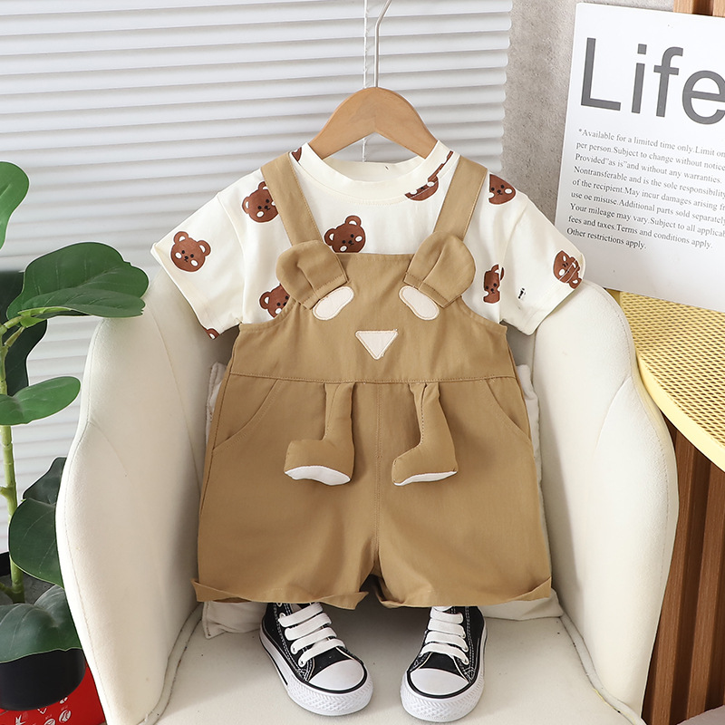 Boys' Suit 2024 New Western Style Baby Girls' Short Sleeve Cute Suspender Pants Two-Piece Set Baby Kids' Summer Handsome Baby Clothes