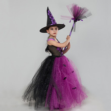 跨境万圣节女巫cosplay扮演服装女童亮片网纱连衣裙巫婆表演服