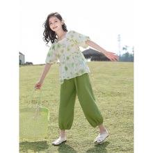 女童夏季套装2024韩版爆款中大童女时髦洋气13岁泡泡袖潮款两件套