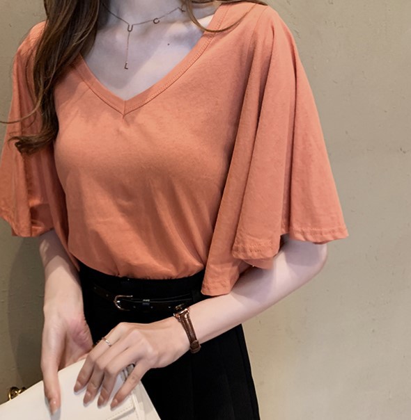 纯色荷叶袖棉t恤图片