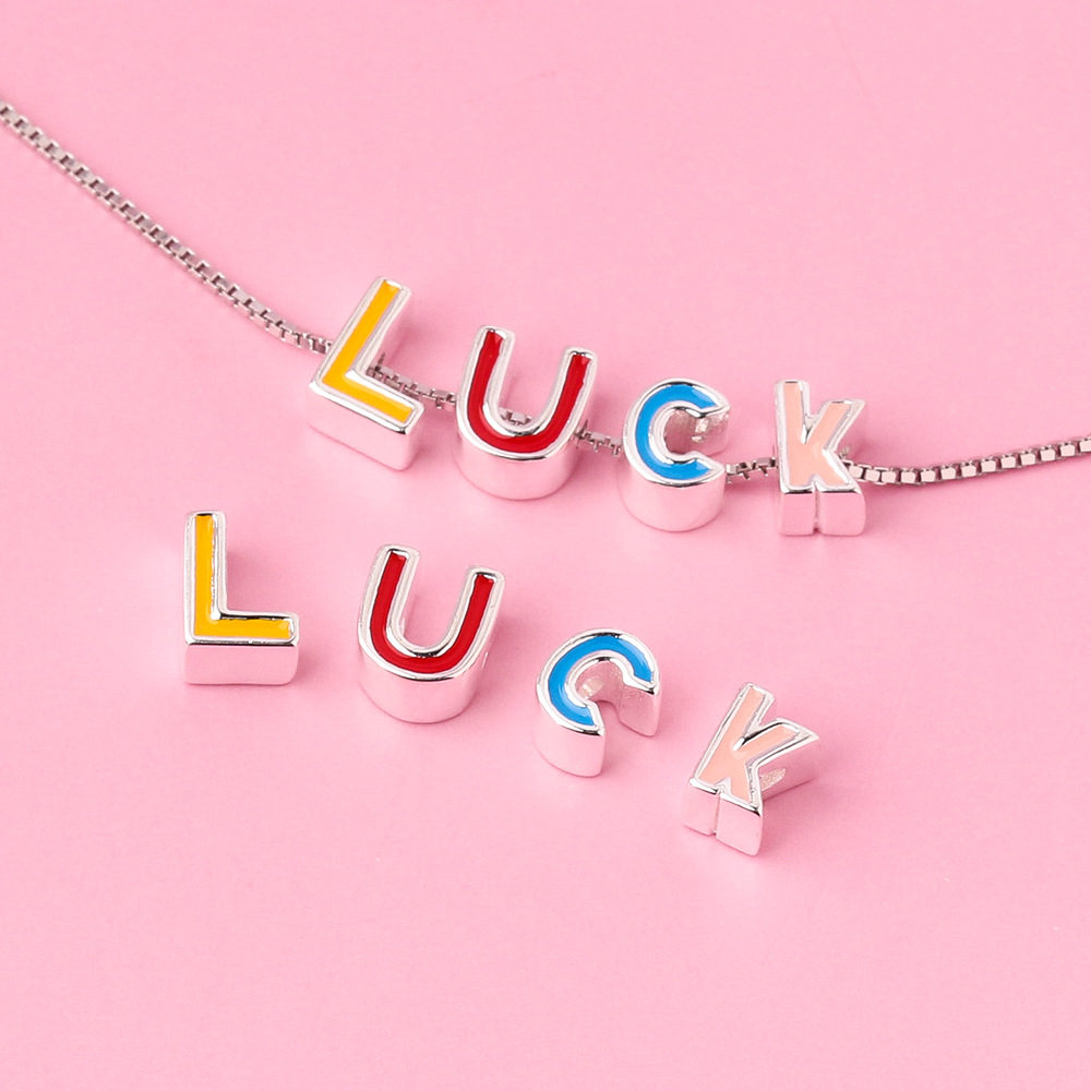 滴胶彩色luck隔珠配件s925银滴油好运英文字母银隔珠diy手链配饰
